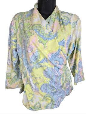 J McLAUGHLIN Top Catalina Cloth Faux Wrap Paisley Size M 3/4 Sleeve